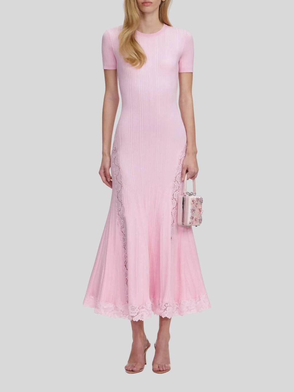 NEW SELF-PORTRAIT knit lace insert midi dress in pink